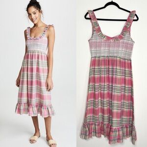 Valencia and Vine Lucy Plaid Smocked Ruffle Midi Dress 100% Cotton Size Large
